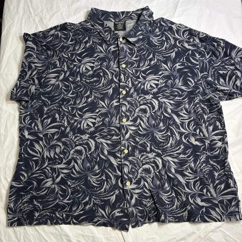 VTG Polo Jeans‎ Co Ralph Lauren Mens 2XL Navy Blue Palm Leaf Cotton Knit Shirt